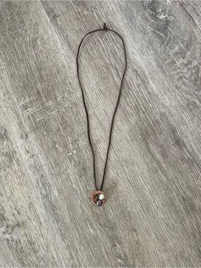 Handcrafted Wire Wrapped Stone Pendant Necklace – Brown Cord – Copper Tone Wire